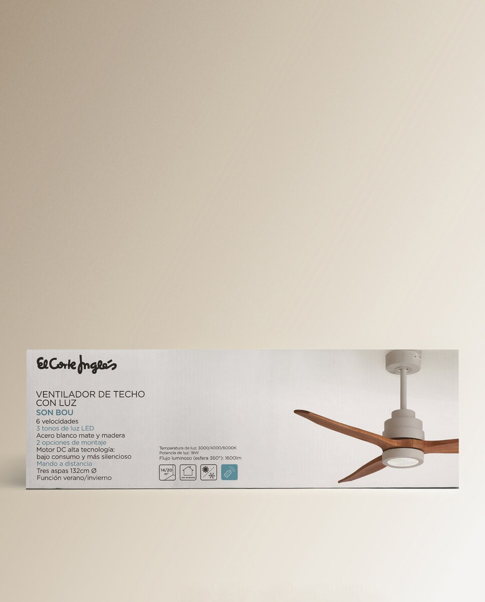 Ventilador de techo con luz LED y Motor DC Son Bou blanco y madera El Corte Inglés Blanco-5
