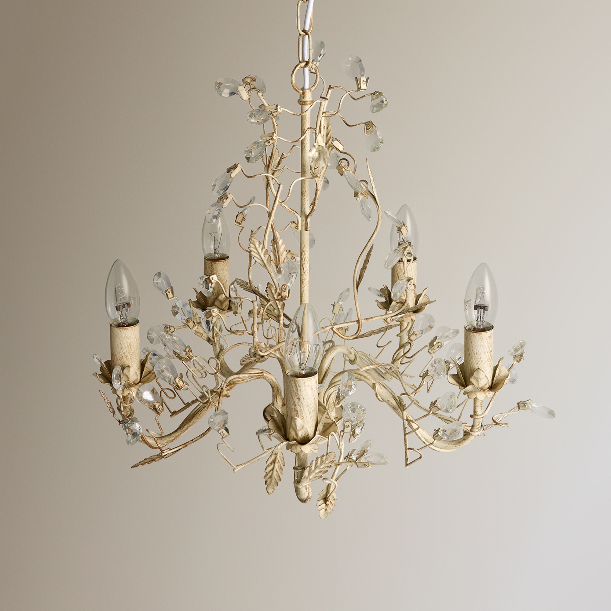 Candeeiro tipo candelabro de metal e cristal de 5 luzes Toscana Creme-2
