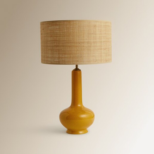 Lámpara de mesa Bell Mostaza + pantalla de rafia cilíndrica Nilo