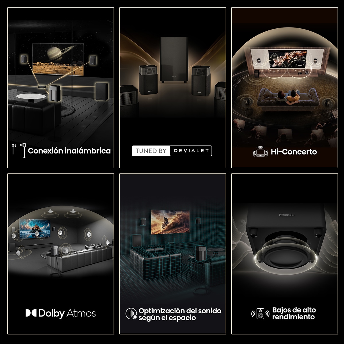 Sistema de cine en casa Hisense HT - Saturn 4.1.2, 13 altavoces, Subwoofer Negro-4