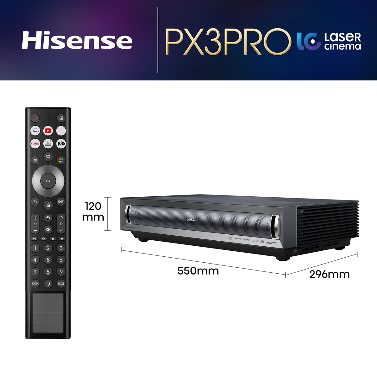 Proyector láser Cinema Hisense PX3 PRO, 4K UHD, Dolby Vision-Atmos, de 80" a 150", Fuente láser Trichroma, diseñado para XBOX 2