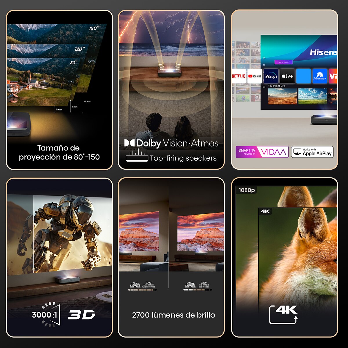 Proyector láser Hisense PL2 cinema tiro corto 4K, de 80" a 150" Negro-6