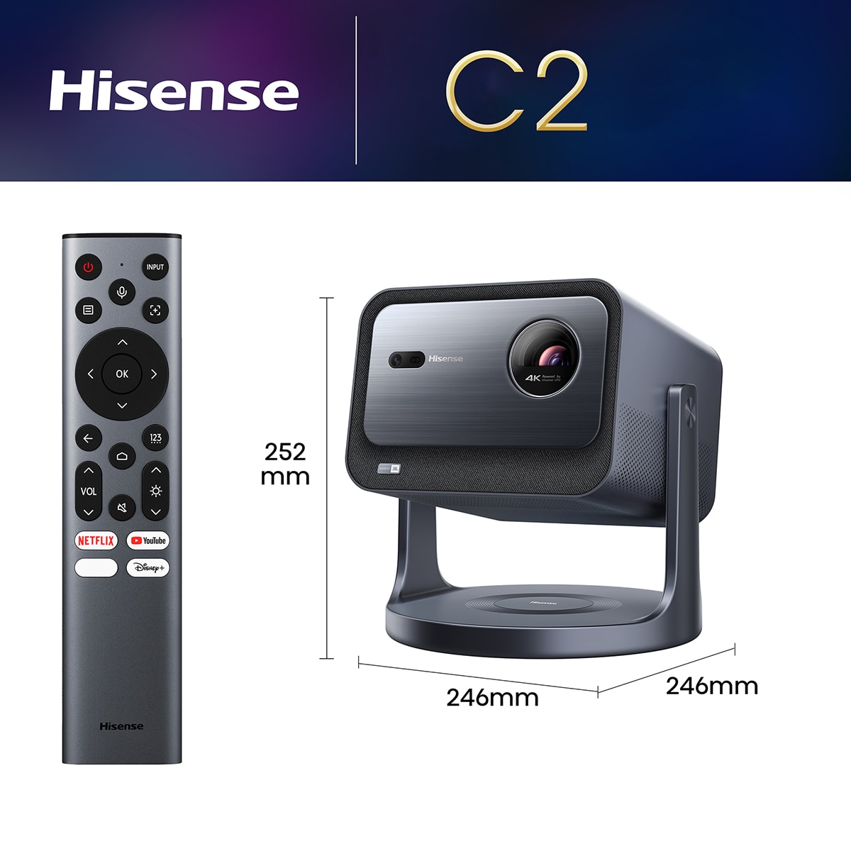 Proyector Láser Hisense C2, UHD 4K, 65 a 300" Tricrhoma Gris metalizado-3
