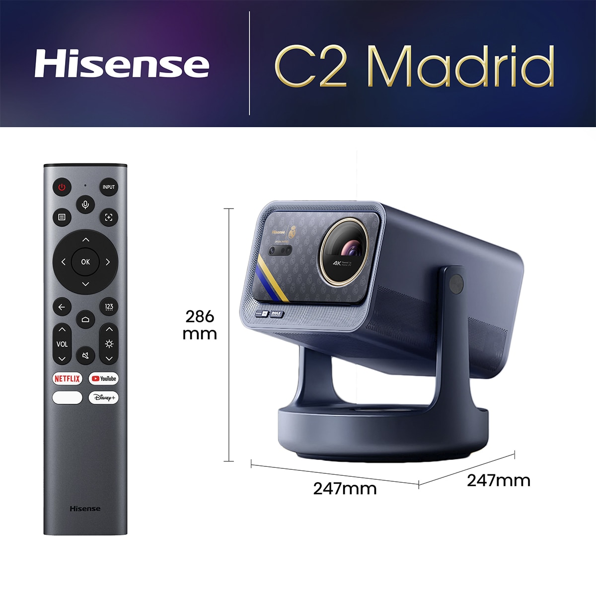 Mini Proyector Láser C2 edición Real Madrid, 65" a 300", UHD 4K, Láser Trichroma Gris metalizado-2