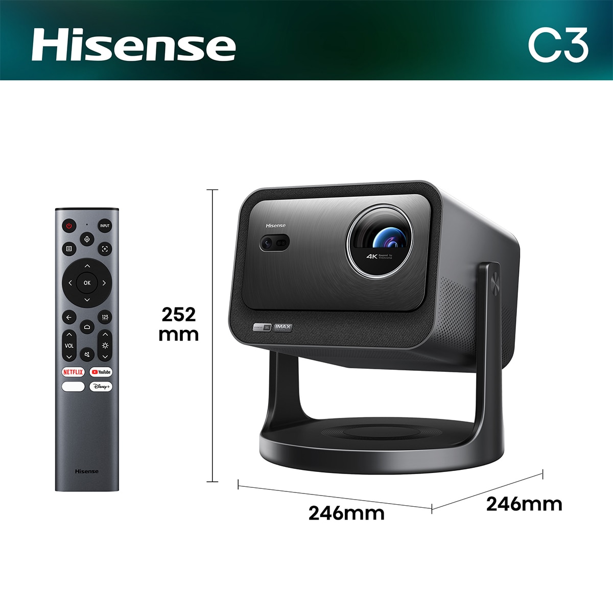 Proyector Laser Cinema Hisene C3, tiro largo, UHD 4K, de 65" a 300" Tricroma Gris metalizado-2