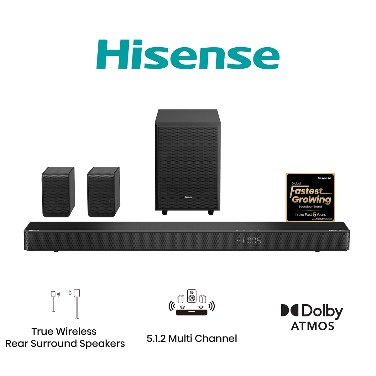 Barra de sonido Hisense AX5125H, 5.1.2 Dolby Atmos, con Subwoofer inalámbrico Negro-2