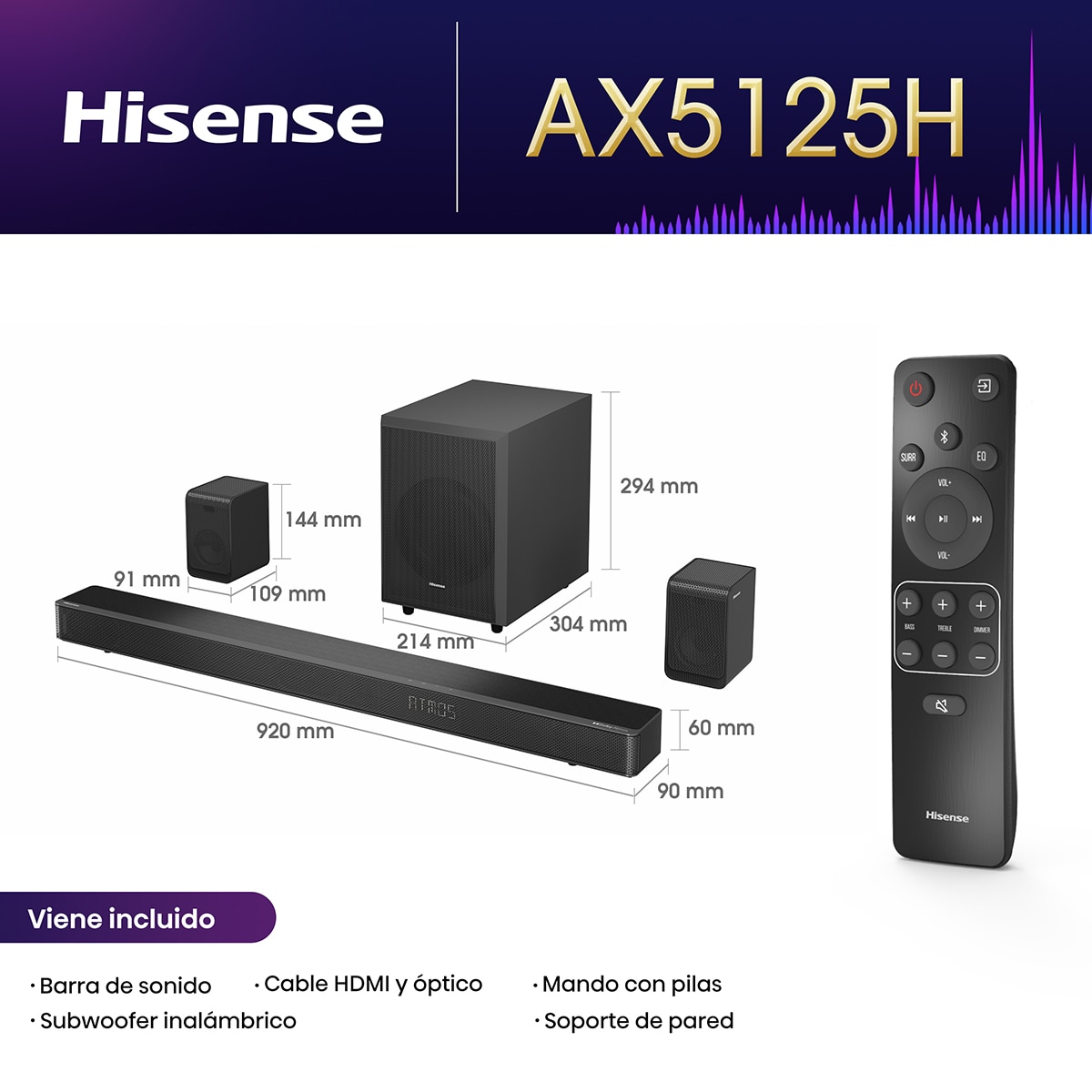 Barra de sonido Hisense AX5125H, 5.1.2 Dolby Atmos, con Subwoofer inalámbrico Negro-3