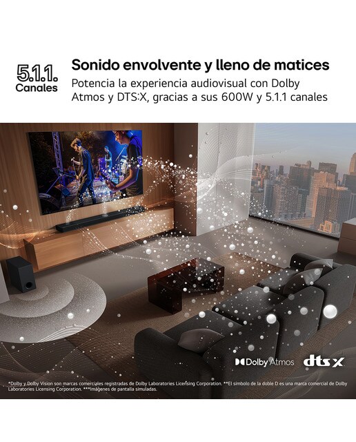 Barra de sonido LG S70TR AI Sound Pro 4K, 5.1.1, 500W, HDR10, Dolby Vision, Dolby Atmos y DTS:X, Subwoofer inalámbrico Negro-9