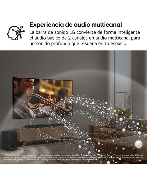 Barra de sonido LG S70TR AI Sound Pro 4K, 5.1.1, 500W, HDR10, Dolby Vision, Dolby Atmos y DTS:X, Subwoofer inalámbrico Negro-12