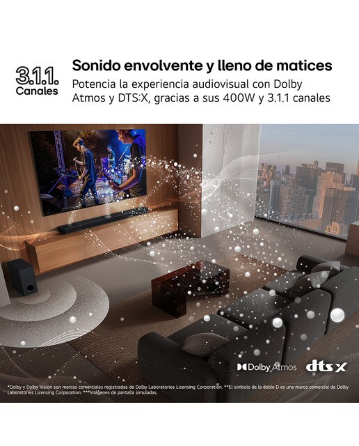 Barra de sonido LG S70TY AI Sound Pro 4K, 3.1.1, 400W, HDR10, Dolby Vision, Dolby Atmos y DTS:X, Subwoofer inalámbrico Negro-9