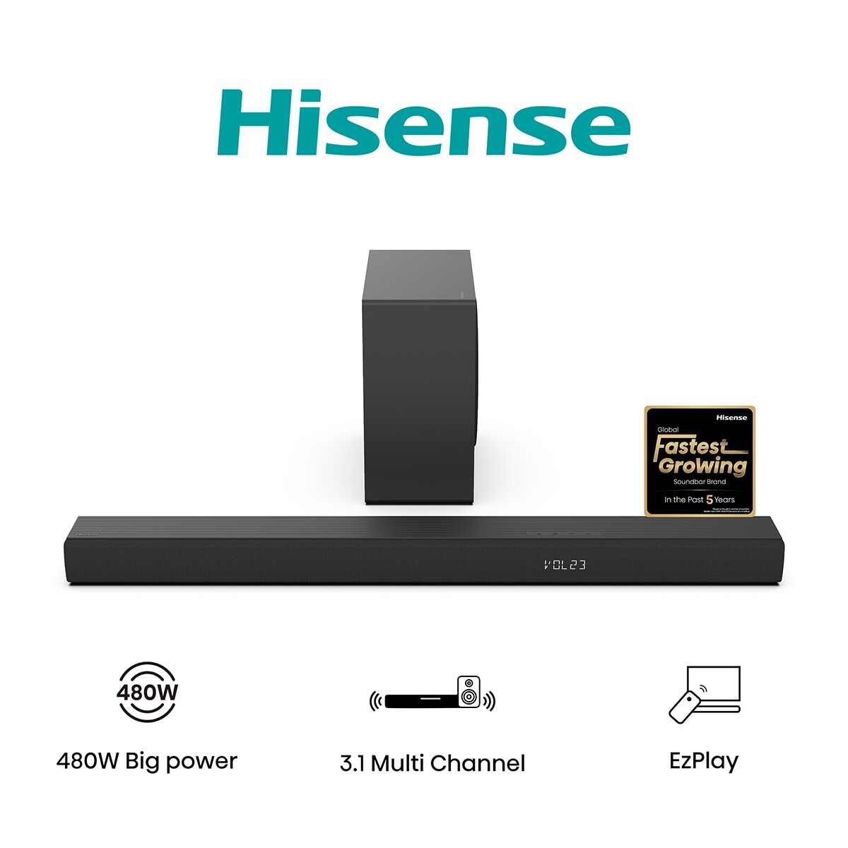Barra de sonido Hisense HS3100, 3.1, Dolby Digital Plus, 480W con Subwoofer inalámbrico Negro-2