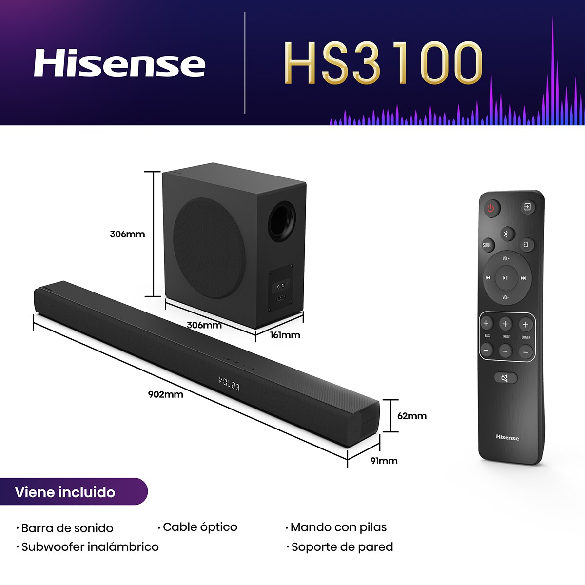 Barra de sonido Hisense HS3100, 3.1, Dolby Digital Plus, 480W con Subwoofer inalámbrico Negro-3