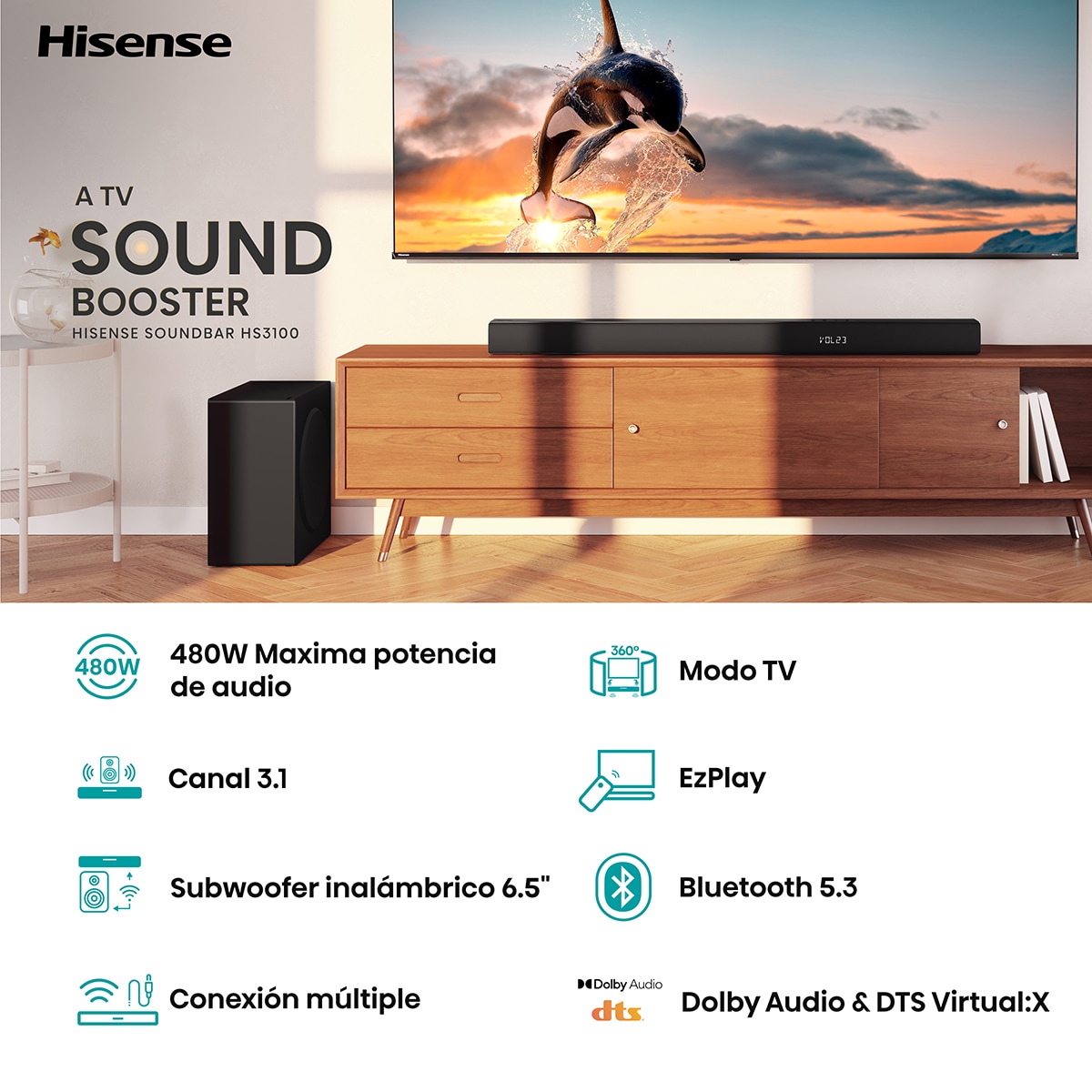 Barra de sonido Hisense HS3100, 3.1, Dolby Digital Plus, 480W con Subwoofer inalámbrico Negro-4