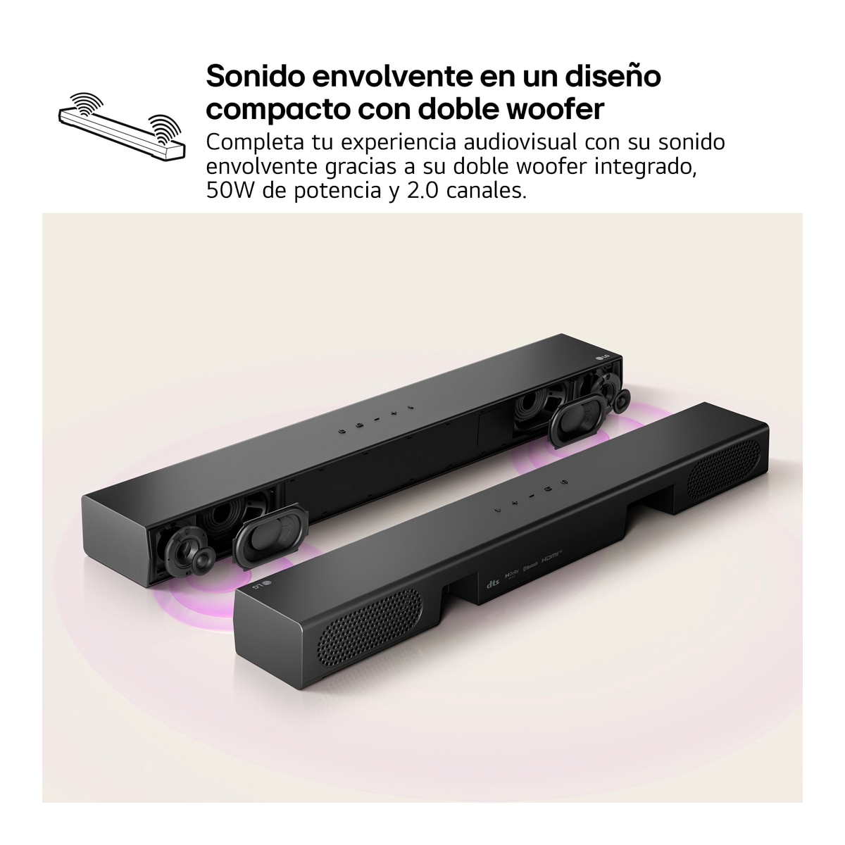 Barra de Sonido LG S20A, 2.0, 50W, Bluetooth 5.3, HDMI-ARC, compacta con doble woofer integrado, Dolby Digital, DTS Digital Surround, Negro Negro-3