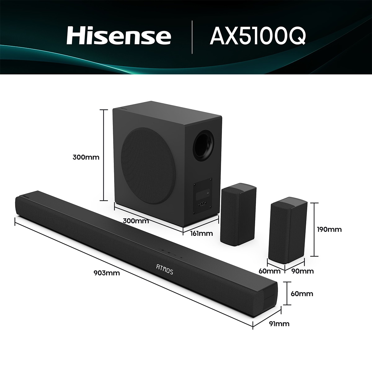 Barra de sonido Hisense AX-5100Q, Dolby Atmos 5.1 canales, 580 W con Subwoofer inalámbrico Negro-2