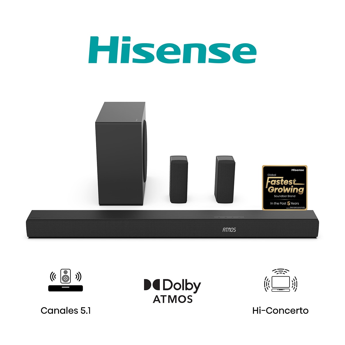 Barra de sonido Hisense AX-5100Q, Dolby Atmos 5.1 canales, 580 W con Subwoofer inalámbrico Negro-3