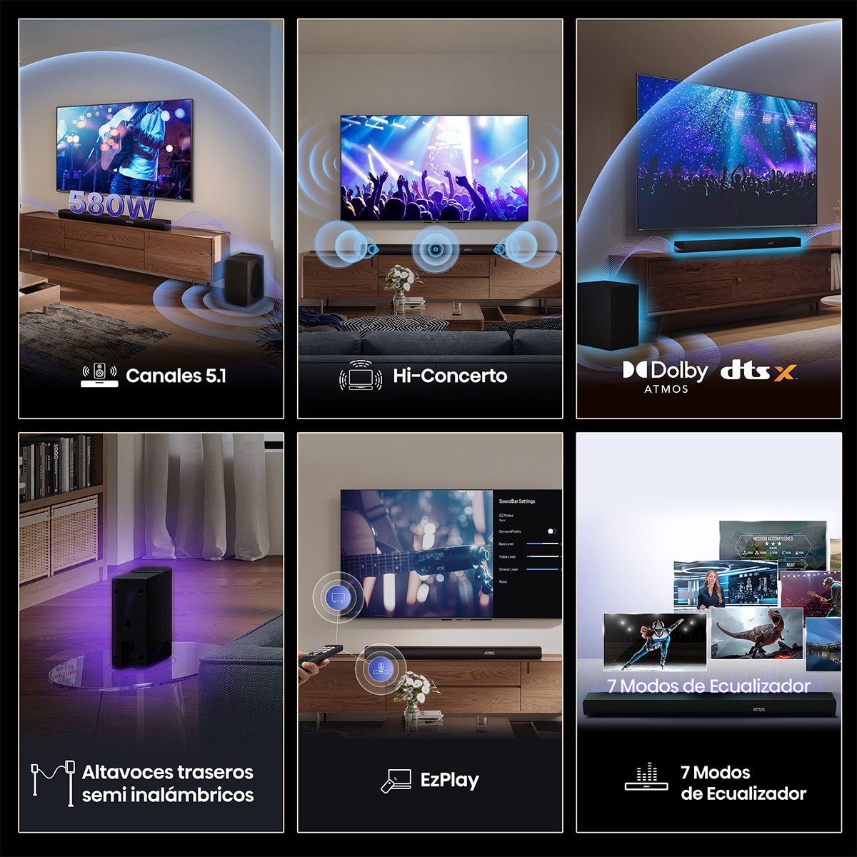 Barra de sonido Hisense AX-5100Q, Dolby Atmos 5.1 canales, 580 W con Subwoofer inalámbrico Negro-4