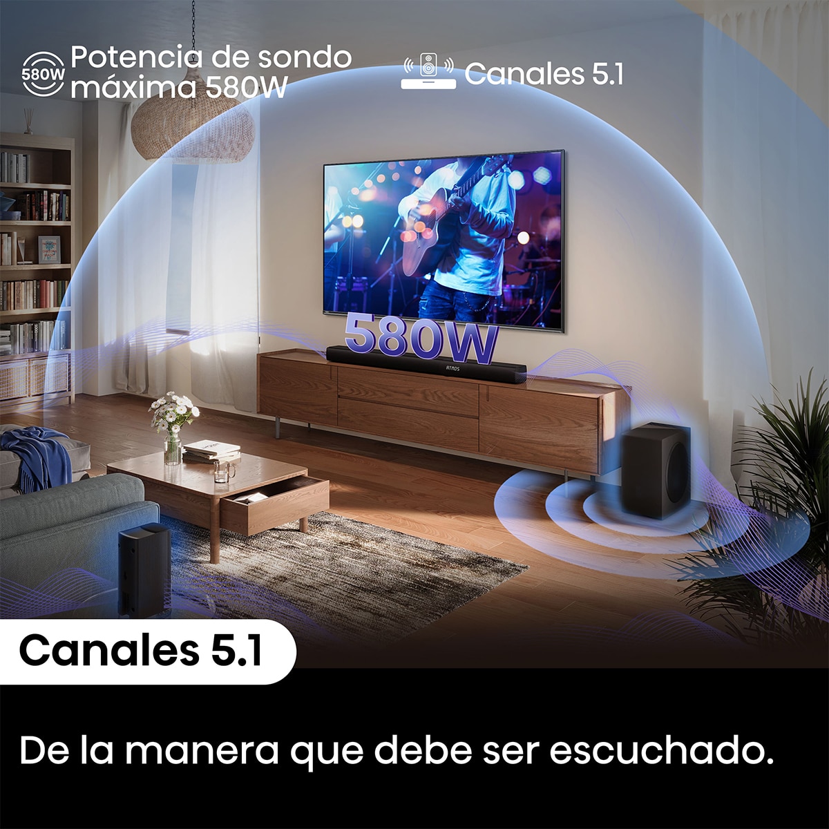 Barra de sonido Hisense AX-5100Q, Dolby Atmos 5.1 canales, 580 W con Subwoofer inalámbrico Negro-5