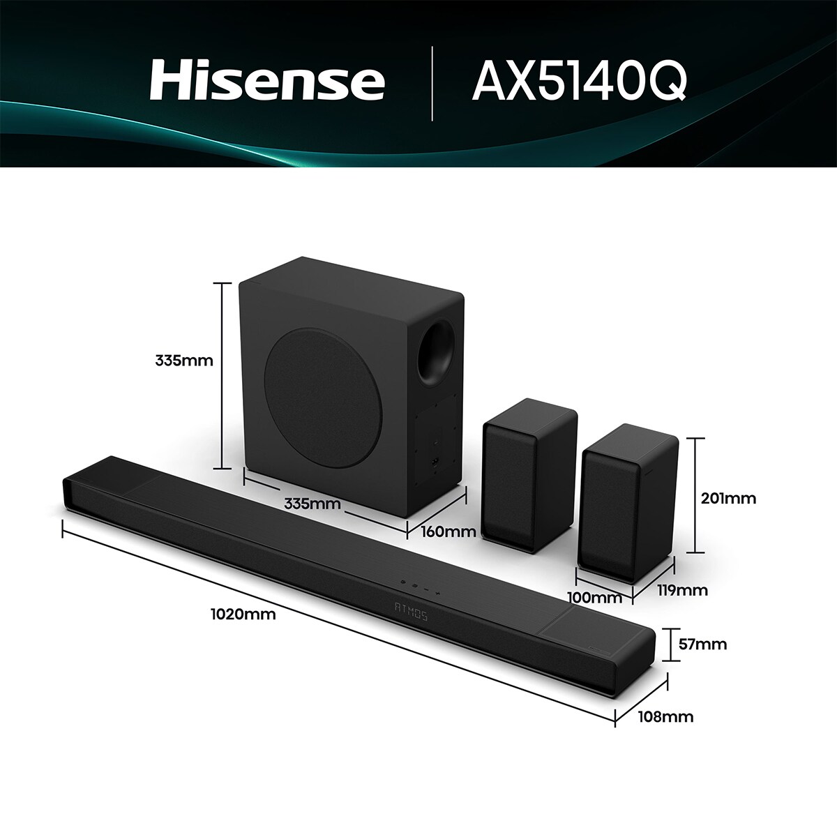Barra de Som Hisense AX5140Q, Dolby Atmos 5.1.4, 600W, Subwoofer Sem Fios com Colunas Traseiras Preto-2