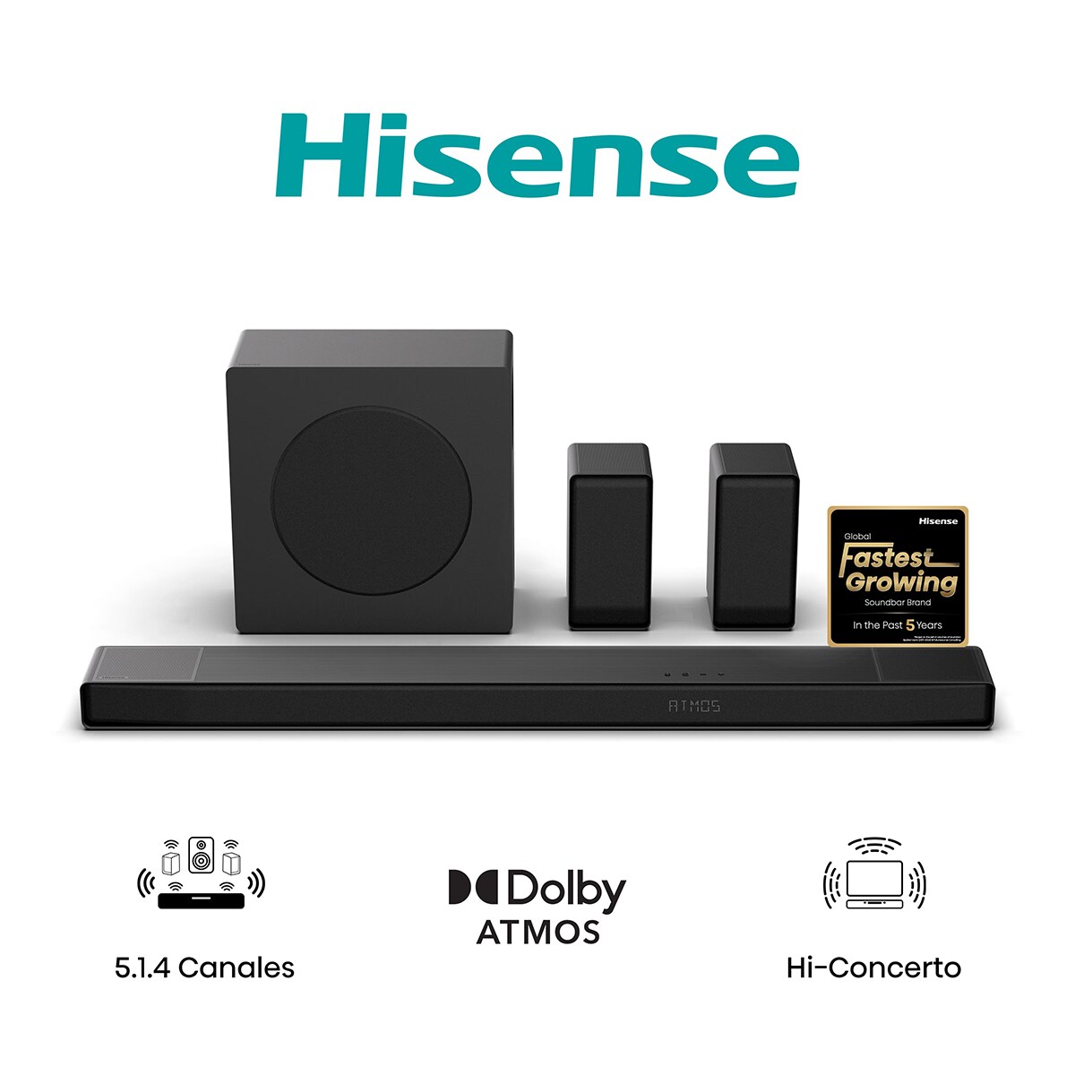 Barra de Som Hisense AX5140Q, Dolby Atmos 5.1.4, 600W, Subwoofer Sem Fios com Colunas Traseiras Preto-3