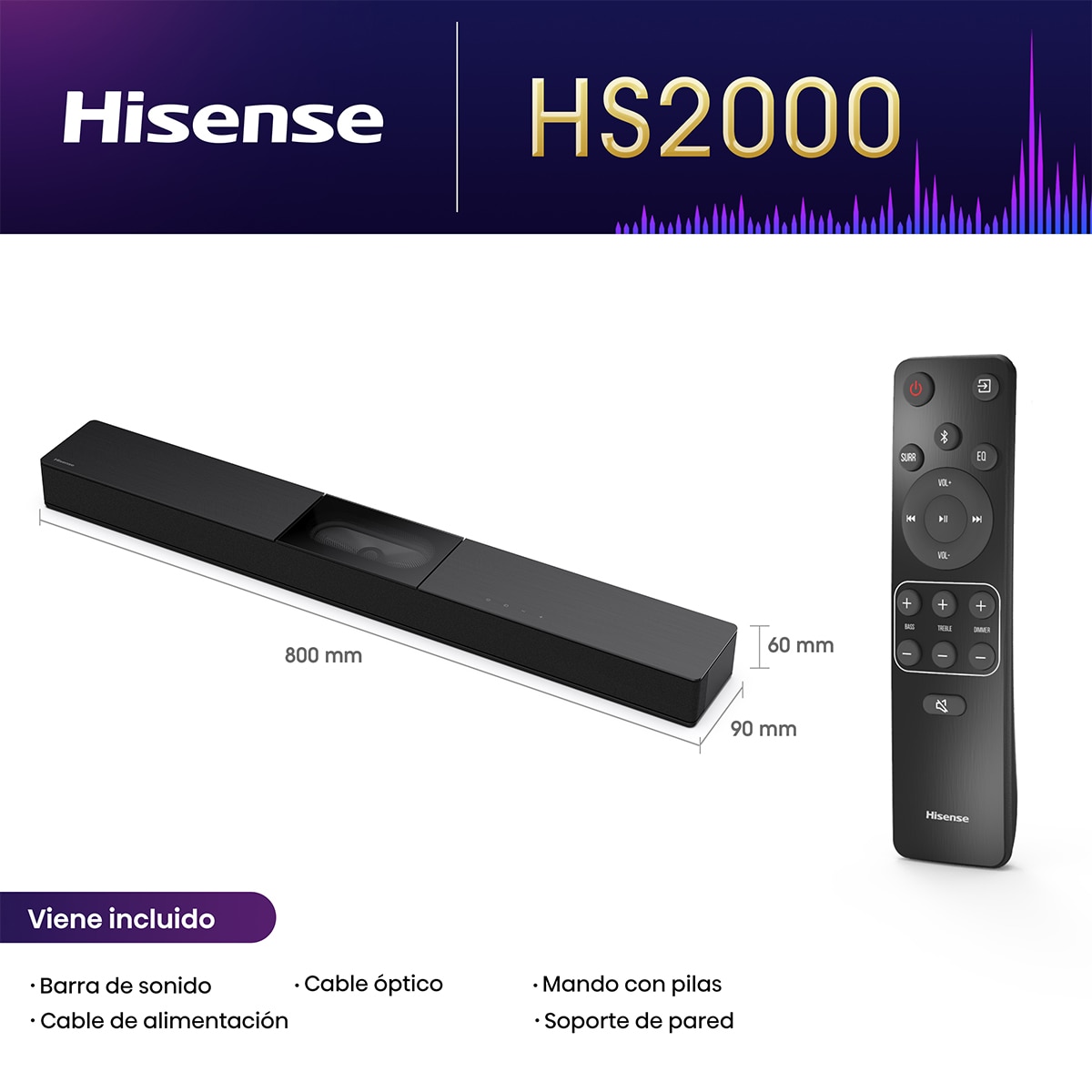 Barra de sonido Hisense HS-2000, 2.1, 240W, Dolby Digital, Subwoofer integrado Negro-3