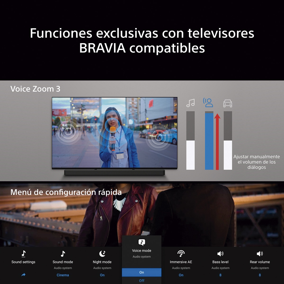 Sony BRAVIA Theatre Trio, sistema de tres elementos, sonido envolvente Dolby Atmos/DTS:X, 360 Spatial Sound Mapping, Voice Zoom, Bluetooth, HT-A8 Negro-12