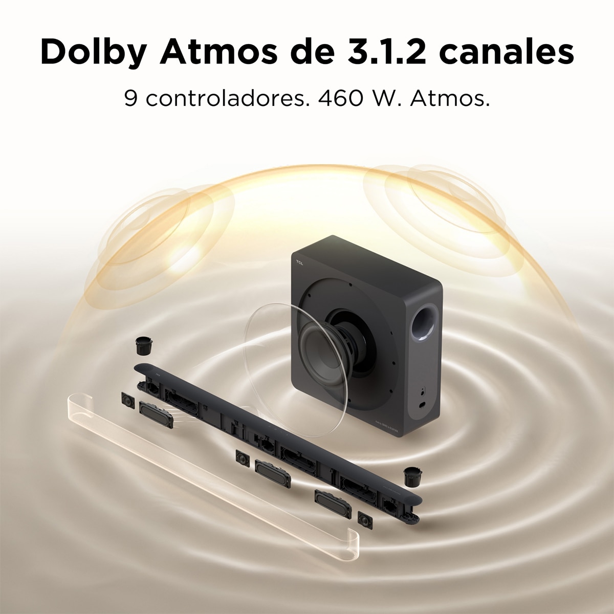 Imagen 6 de Barra de sonido TCL A65K 3.1.2 canales, 460W, audio by BANG & OLUFSEN, Dolby atmos, DTS-X. Tutti Choral, Subwoofer inalámbrico - Titanio Titanio
