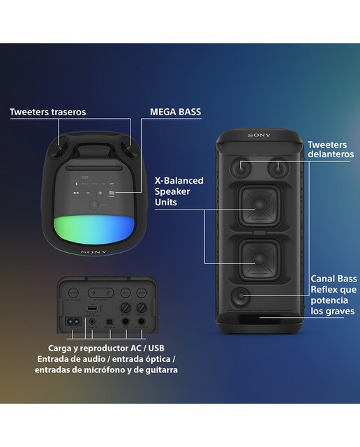 Altavoz Bluetooth Sony SRS-XV800 con sonido potente 360°, MEGA BASS, 25 horas de batería, portátil, para interior y exterior, iluminado y karaoke Negro-6