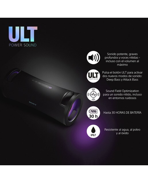 Altavoz portátil Sony ULT FIELD 7 con ULT POWER SOUND, Deep bass, 30h batería, IP67, resistente al agua, iluminación, micrófono, audio-in, negro Negro-3