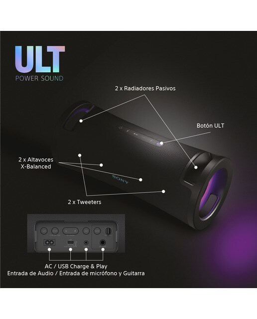 Altavoz portátil Sony ULT FIELD 7 con ULT POWER SOUND, Deep bass, 30h batería, IP67, resistente al agua, iluminación, micrófono, audio-in, negro Negro-9