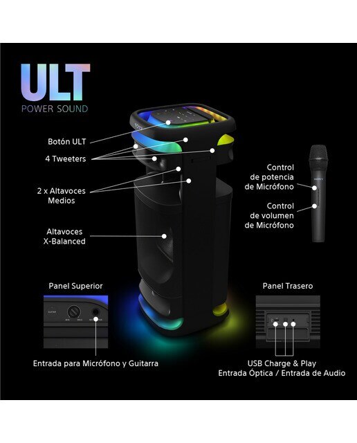 Altavoz para fiestas Sony ULT TOWER 10, ULT POWER SOUND, Deep Bass, X-Balanced, iluminación 360º, con micrófono, portátil con ruedas - negro Negro-8