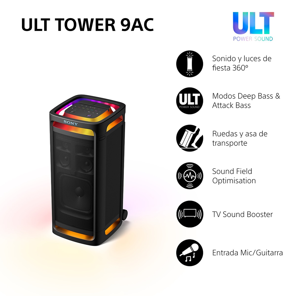 Altavoz Bluetooth para fiestas Sony ULT TOWER 9AC, 2xULT POWER SOUND, altavoz X-Balanced, iluminación y sonido 360, entradas karaoke Negro-2
