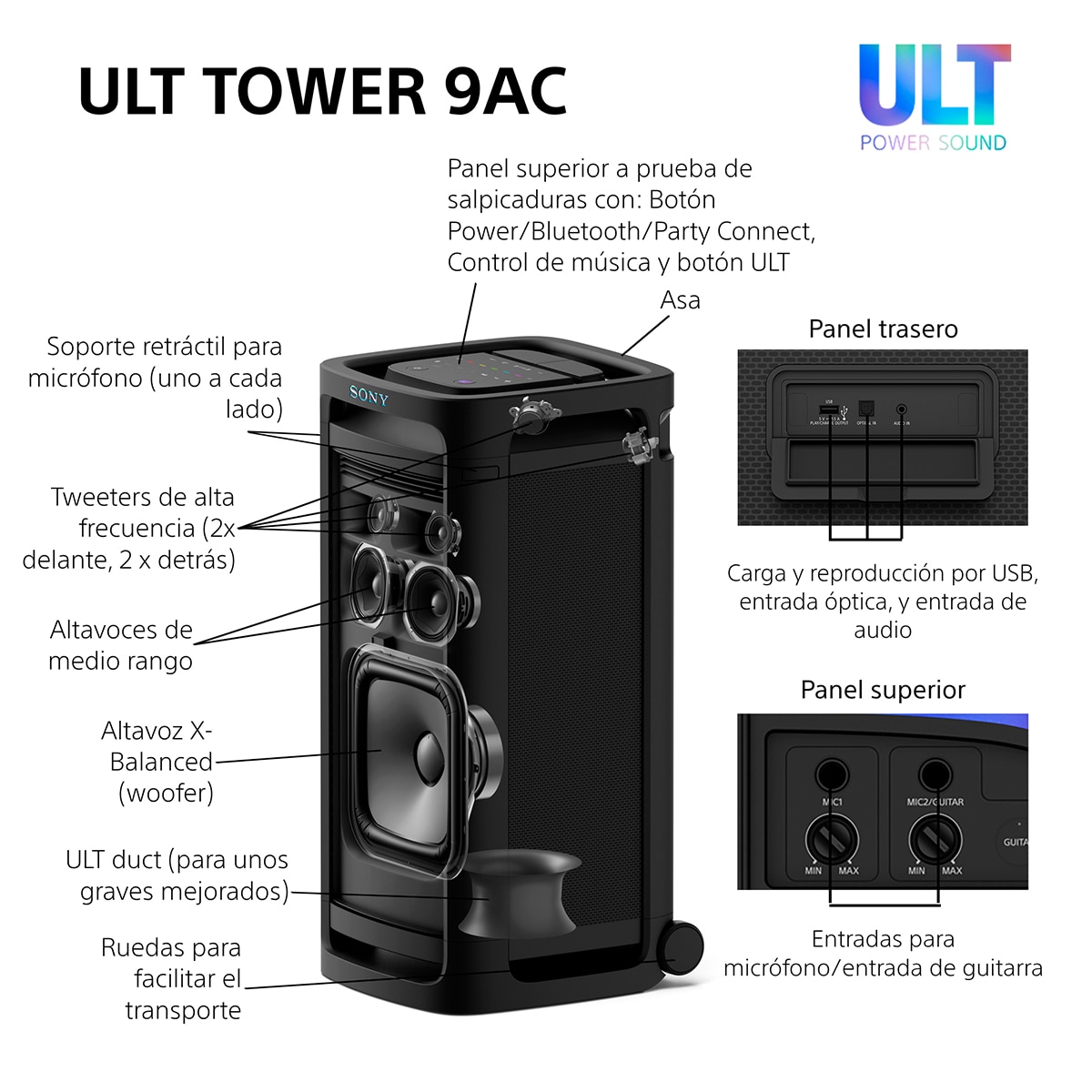 Altavoz Bluetooth para fiestas Sony ULT TOWER 9AC, 2xULT POWER SOUND, altavoz X-Balanced, iluminación y sonido 360, entradas karaoke Negro-12