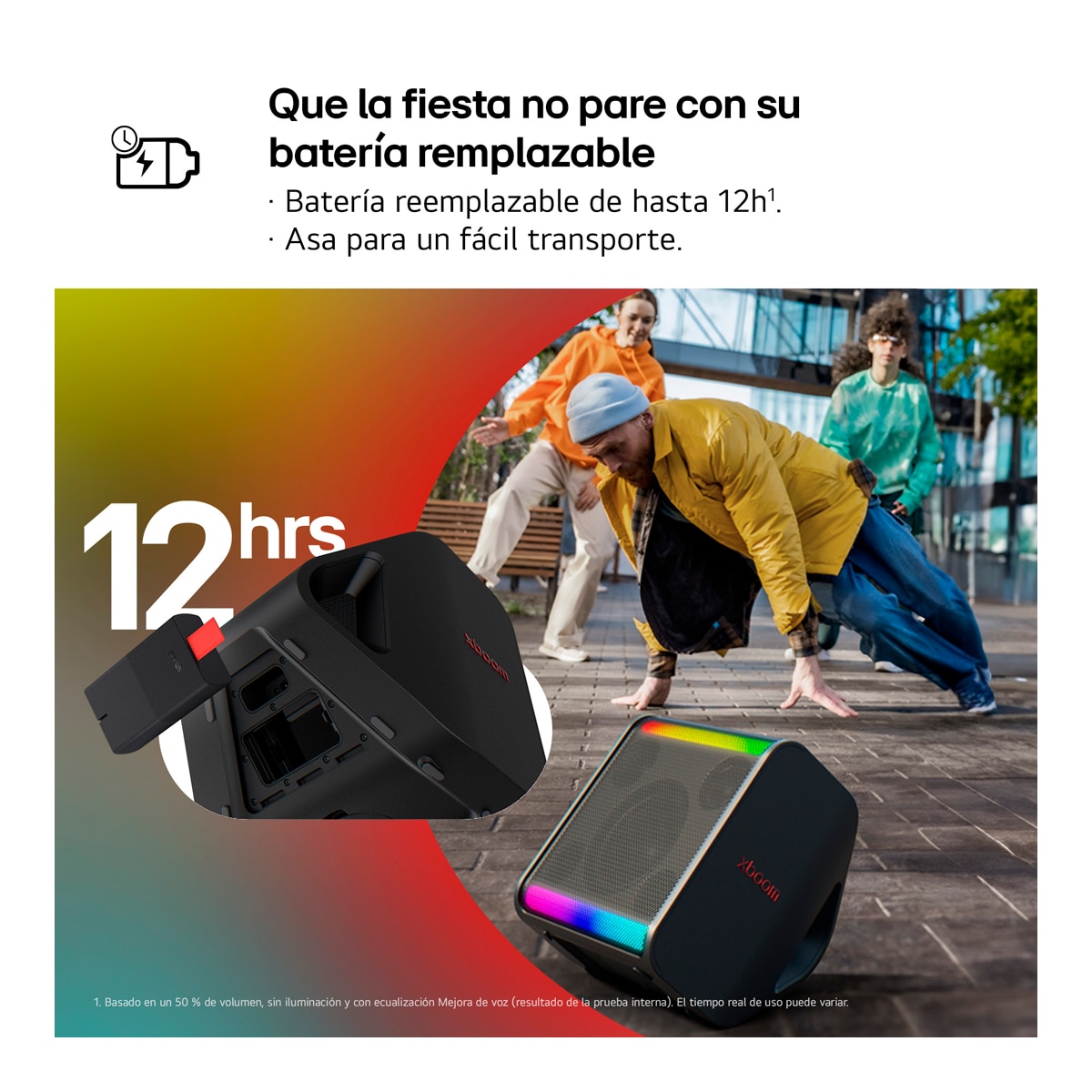 Altavoz gran potencia LG xboom Stage 301, 120W, Bluetooth 5.3 Miracast, hasta 12h batería intercambiable, karaoke, luces LED, para fiestas Negro-8