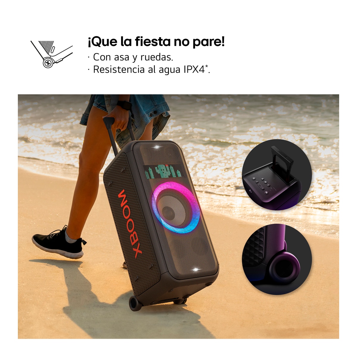 Altavoz gran potencia LG xboom DXL7T 250W para fiestas, karaoke, luces y pantalla LED, Bluetooth, hasta 20h batería, asa telescópica y ruedas Negro-5