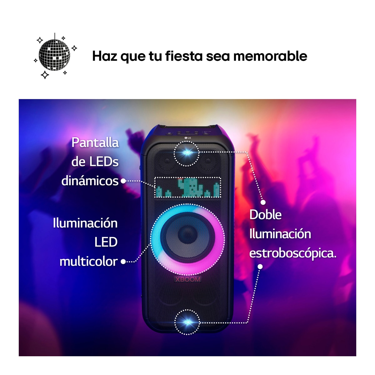 Altavoz gran potencia LG xboom DXL7T 250W para fiestas, karaoke, luces y pantalla LED, Bluetooth, hasta 20h batería, asa telescópica y ruedas Negro-7