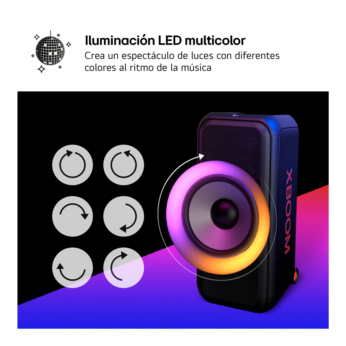 Altavoz gran potencia LG xboom DXL7T 250W para fiestas, karaoke, luces y pantalla LED, Bluetooth, hasta 20h batería, asa telescópica y ruedas Negro-8