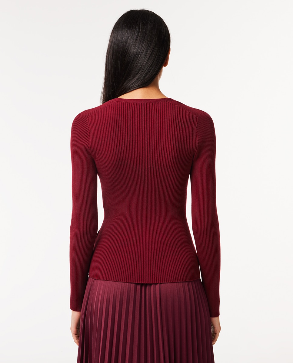 Camisola de Malha Canelada sem Costuras e com Decote em Bico Bordeaux-2