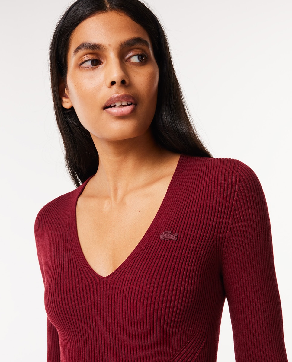 Camisola de Malha Canelada sem Costuras e com Decote em Bico Bordeaux-3