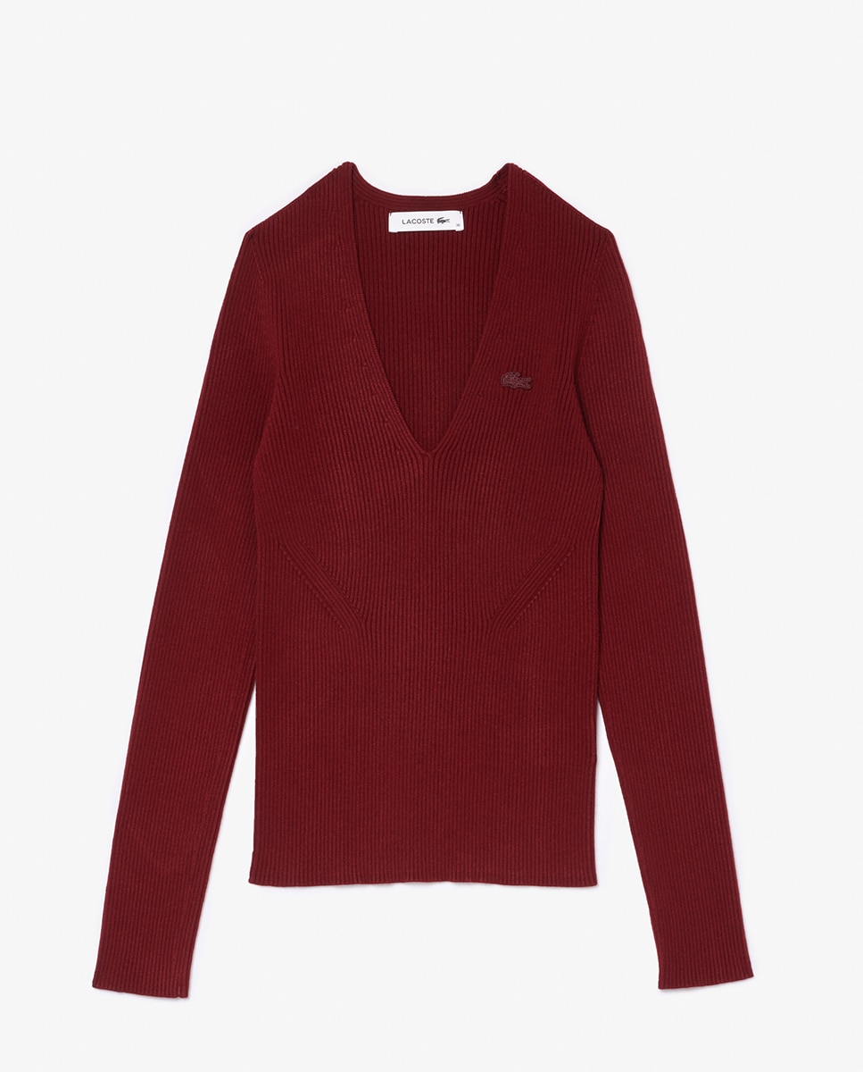 Camisola de Malha Canelada sem Costuras e com Decote em Bico Bordeaux-4