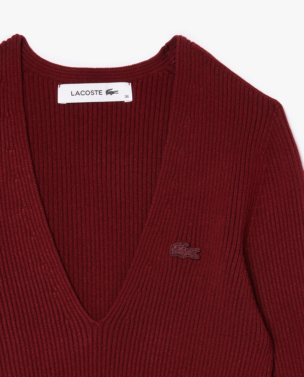Camisola de Malha Canelada sem Costuras e com Decote em Bico Bordeaux-5