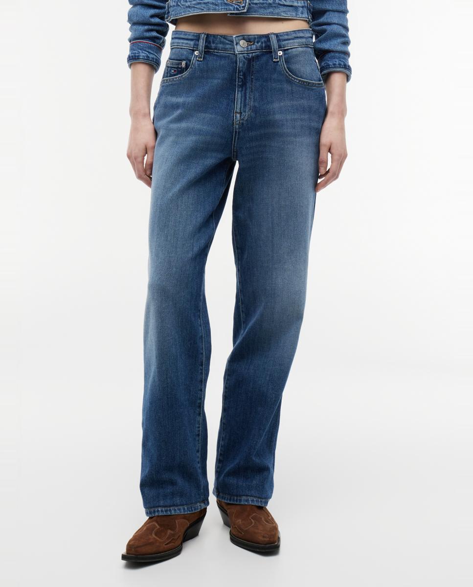 Jeans Tira de Cintura Média e Slim Fit Straight Azul-2