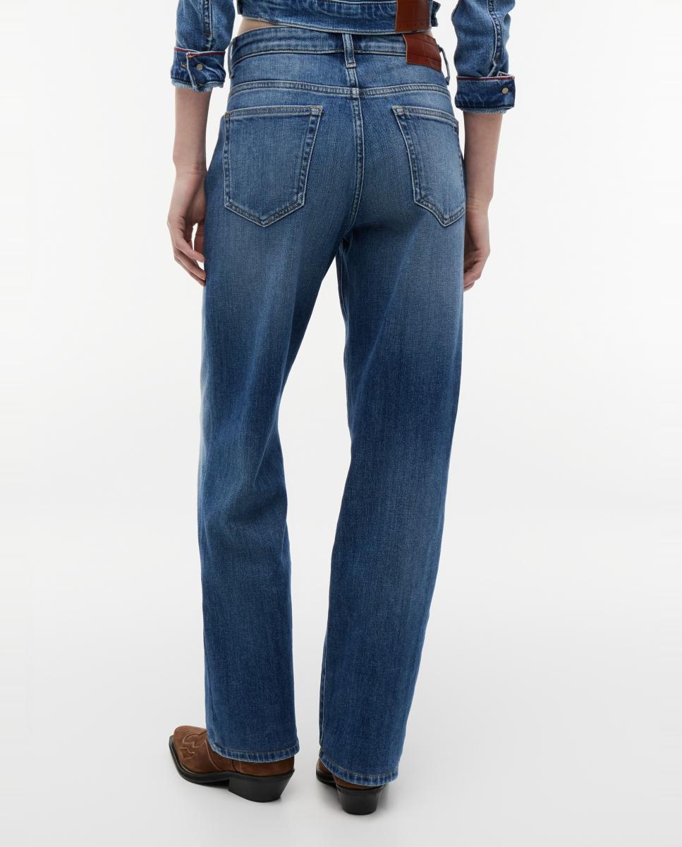 Jeans Tira de Cintura Média e Slim Fit Straight Azul-3