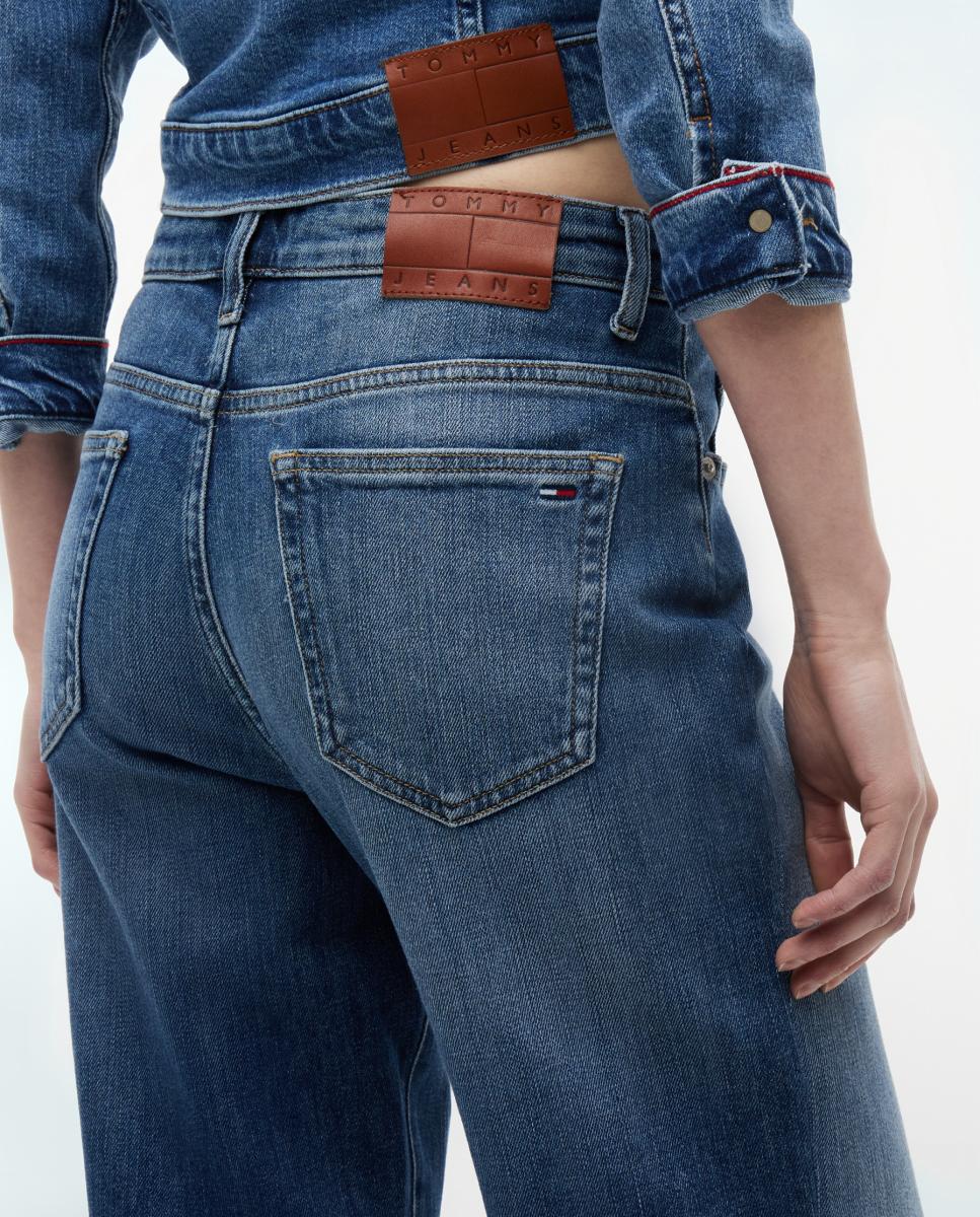 Jeans Tira de Cintura Média e Slim Fit Straight Azul-4