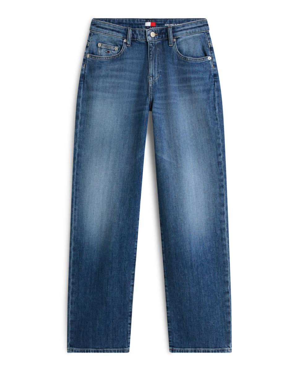 Jeans Tira de Cintura Média e Slim Fit Straight Azul-5