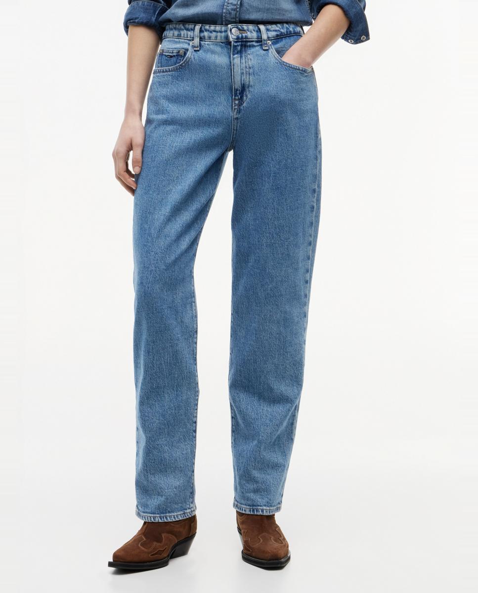 Jeans Tira de Cintura Média e Slim Fit Straight Azul-2