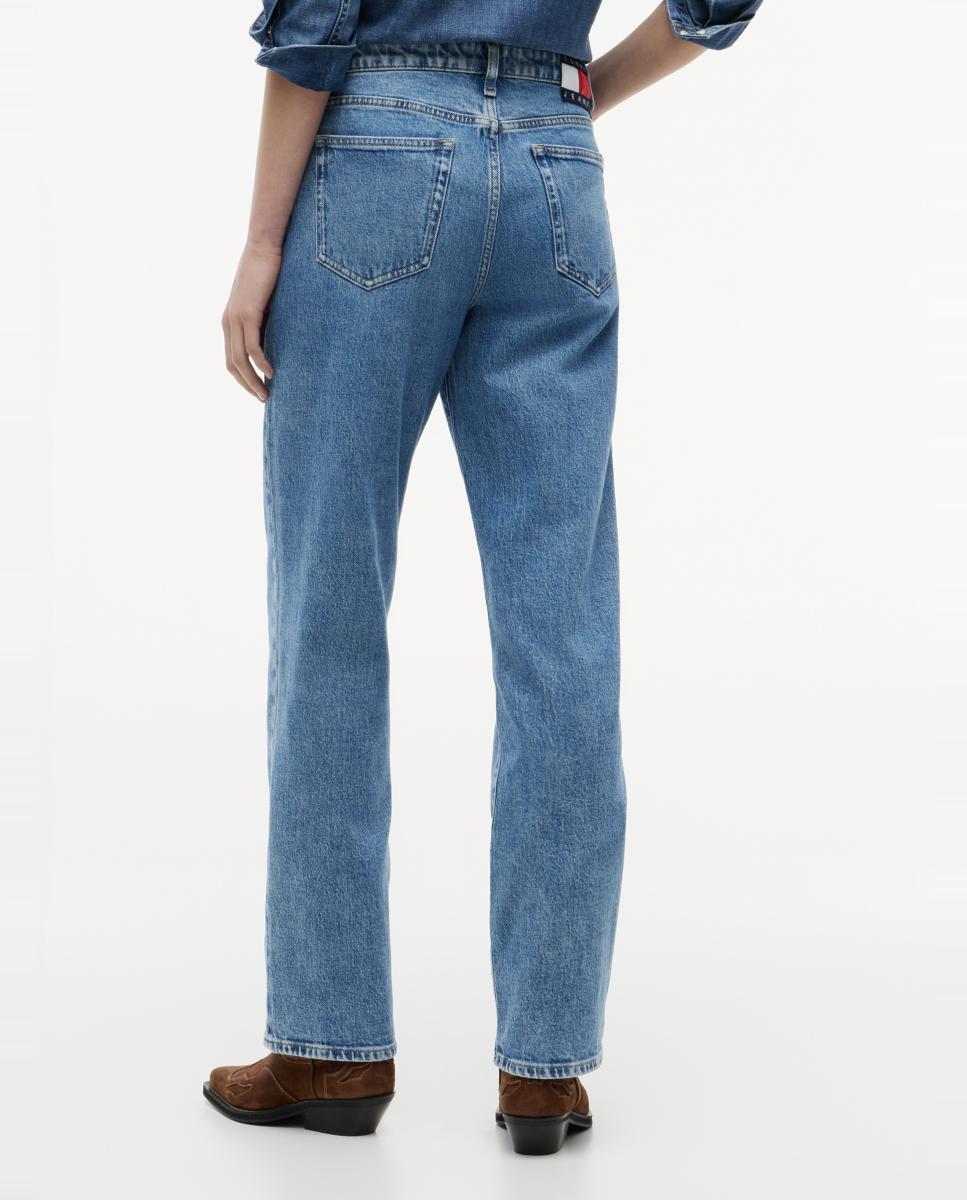 Jeans Tira de Cintura Média e Slim Fit Straight Azul-3