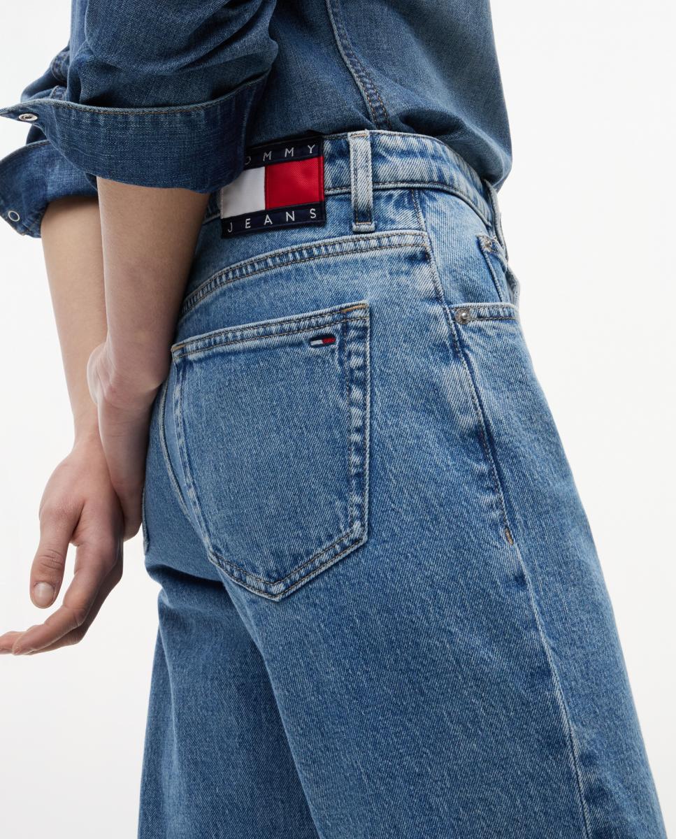 Jeans Tira de Cintura Média e Slim Fit Straight Azul-4