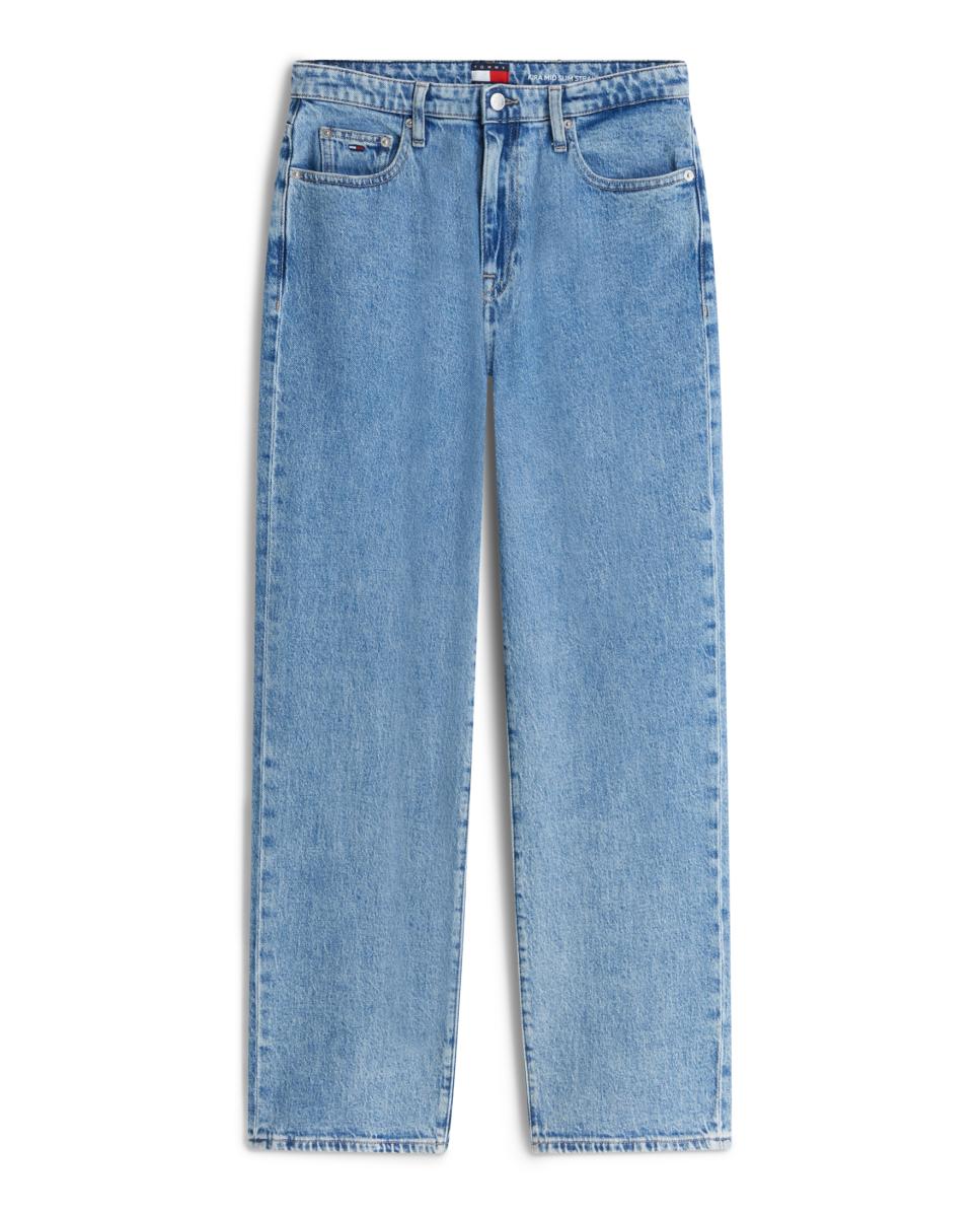 Jeans Tira de Cintura Média e Slim Fit Straight Azul-5