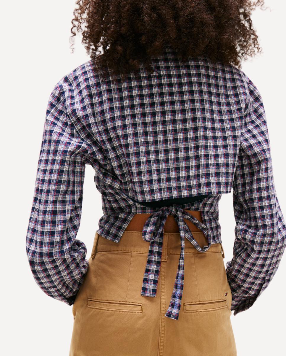 Camisa Cropped aos Quadrados com Laço Azul-marinho-3